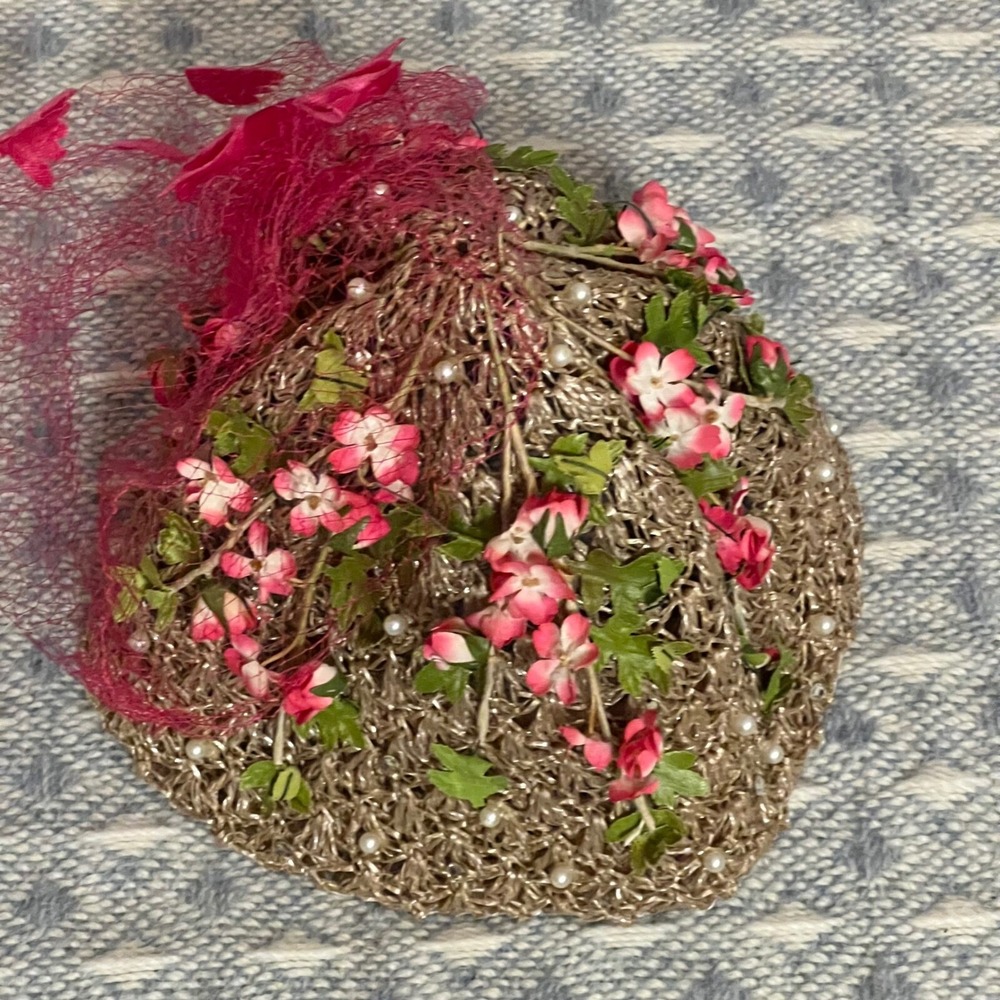 Vintage Floral Pillbox‎ Hat Pink Flowers Pearls Netting Formal Occasion